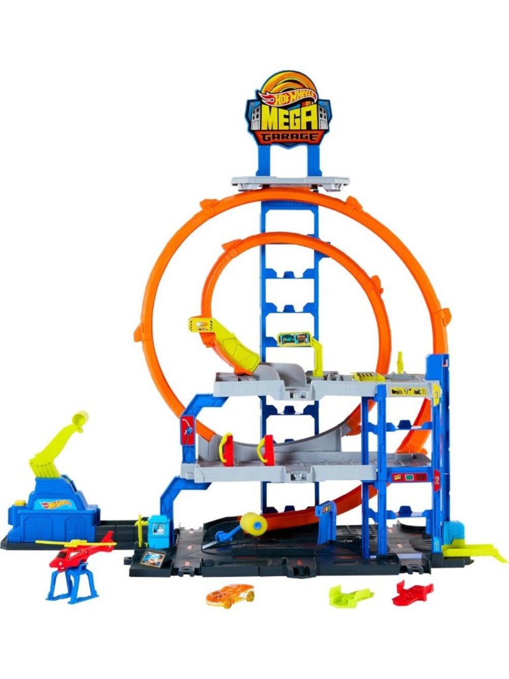 Ultimate Mega Loop Garage Track Set with Toy Car & Helicopter - Fun Racing